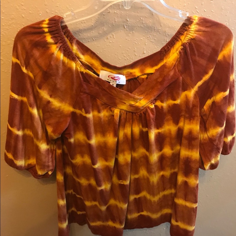 ☘️2 for $15 Roper orange, rust, yellow tie-dye top